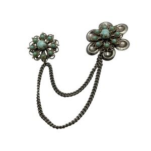 Vintage Silver Tone Faux Turquoise Double Sweater Brooch